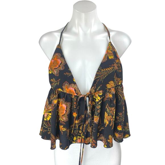 Urban Outfitters Black Floral Sleeveless Tie Wrap Ruffle Blouse Tank Crop Top S - Picture 1 of 5
